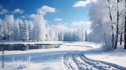 White frosty trees and clear blue sky in winter paradise © mashimara