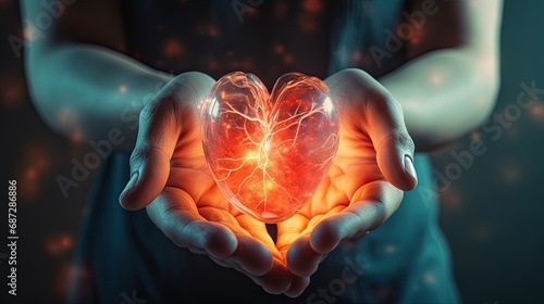 glowing human heart in hands