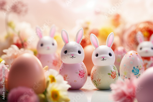 Cute little bunny and easter eggs on table, closeup