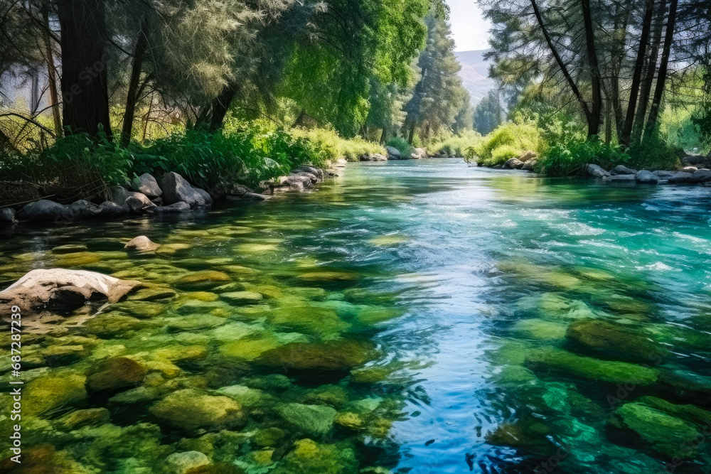 Beautiful turquoise water of the mountain river in the forest Beautiful turquoise water of the mountain river in the forest