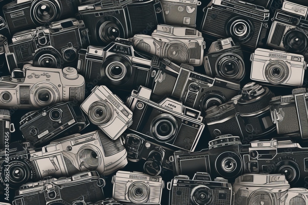 Fototapeta premium Pattern of photo cameras creates a captivating background image. Diversity in camera types, forming an engaging visual motif suitable for photography-related contexts and creative designs.