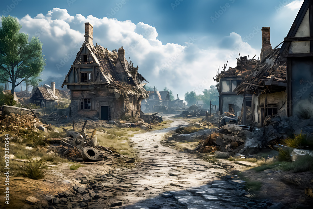Many buildings in a village destroyed by war (Generative AI) Stock ...