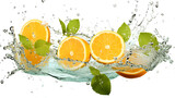 Orange slices splashing in water, fresh and dynamic, white background
