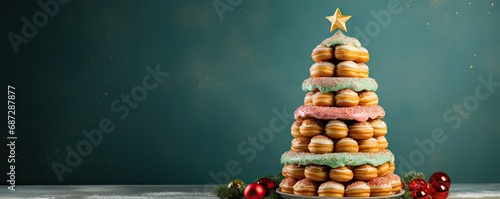 Christmas tree made of berliners or donuts. Stacked pastry Christmass tree banner with copy space and blue background