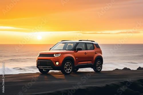 SUV car on the beach at sunset  3d rendering  compact and efficient subcompact car  automotive modern on before sunrise or after sunset