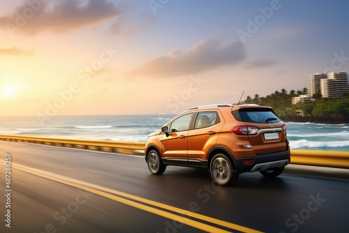 car on the road with motion blur background, sunset and sea, modern SUV car on concrete road, compact and efficient subcompact car