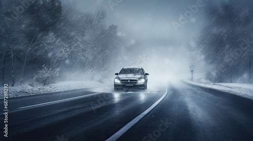 car driving at fall wet road © neirfy