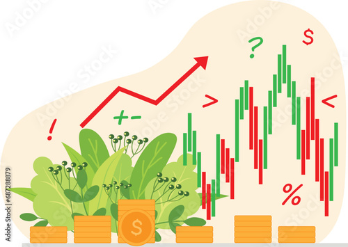 Investment growth concept. Vector illustration in flat cartoon style. Growing graph with coins and plant.
