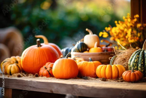 Autumn still life with pumpkins, leaves and corn on wooden background