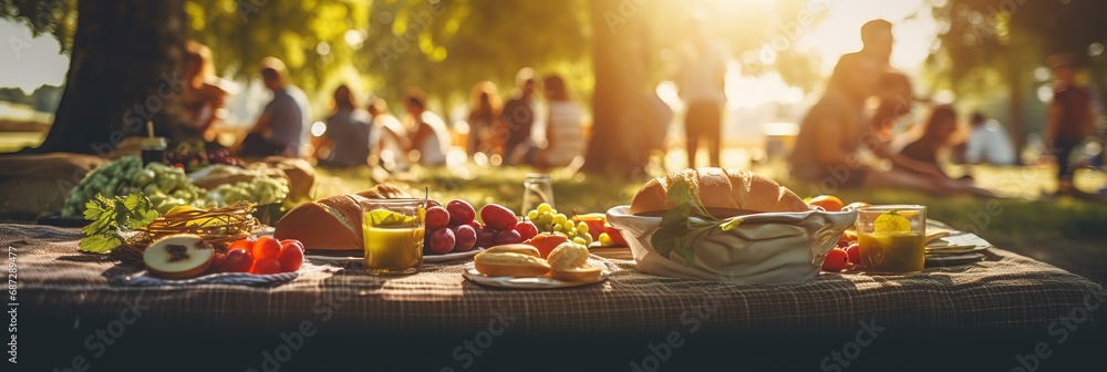 Picnic Scene with Tasty Food & Sun Flare, Bokeh Effect Picnic Scene with Tasty Food & Sun Flare, Bokeh Effect