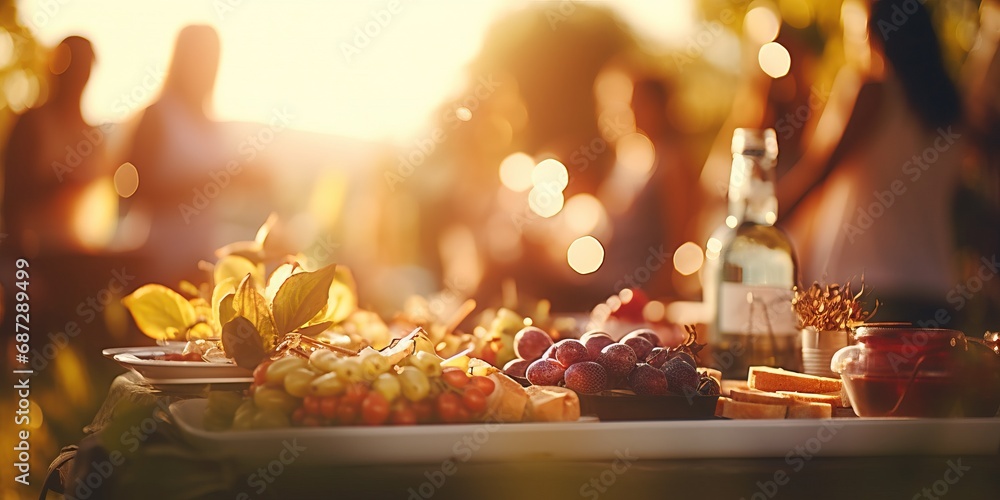 Tasty Food Picnic with People on Bokeh and Sun Flare