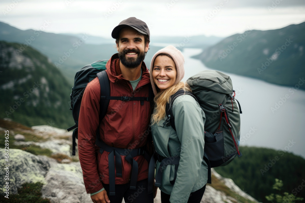 Two people hiking in a beautiful mountain landscape with water. Two people hiking in a beautiful mountain landscape with water.