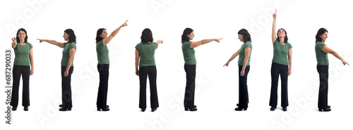 the same woman pointing her finger everywhere and at herself on white background