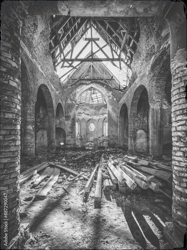 central view to interior and wooden cross in frame under roof in abandoned church