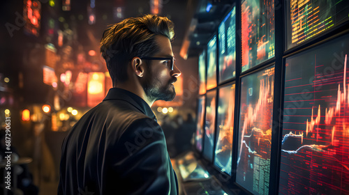 A financial manager stands in front of digital stock market charts (Generative AI)