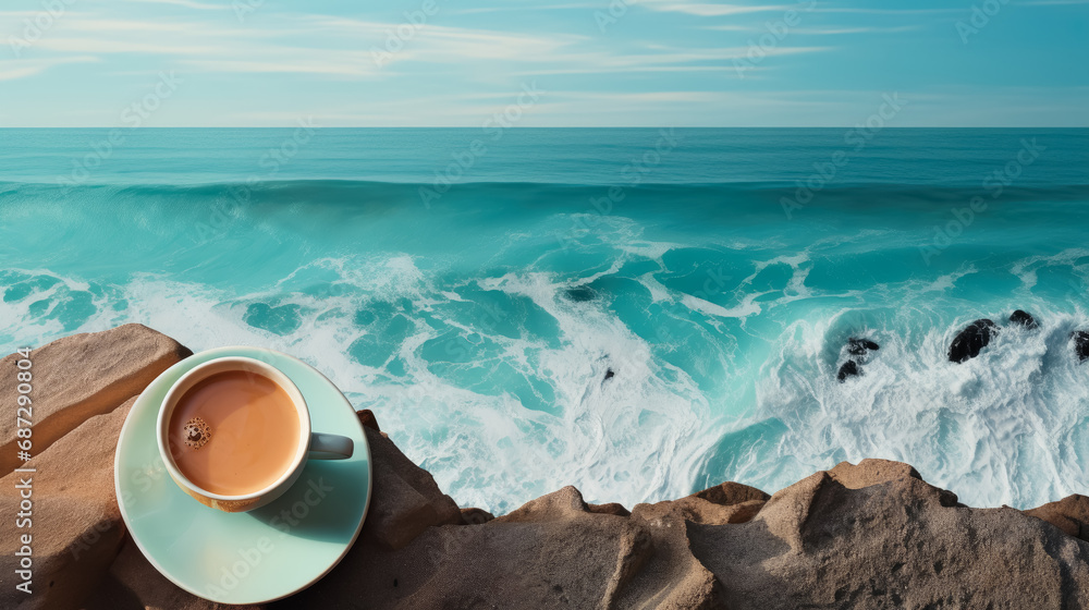 A cup of coffee on the cliff overlooking the sea wave A cup of coffee on the cliff overlooking the sea wave