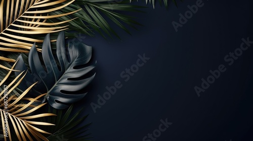 Tropical leaves gold and palm leaves on a navy blue   with copy space  
