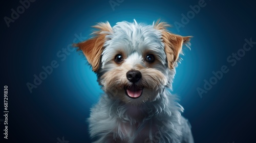 Full-body studio photography of a happy, cute puppy, set against a solid, clean color backdrop, radiating joy and charm.