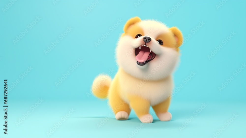 Full-body, happy, cute, kawaii dog in a vibrant 3D render on a solid, clean color backdrop, radiating joy and positivity. Full-body, happy, cute, kawaii dog in a vibrant 3D render on a solid, clean color backdrop, radiating joy and positivity.