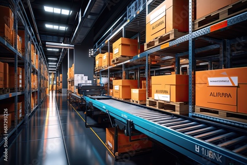 Open modern logistics warehouse conveyor belt transportation box, ai technology concept