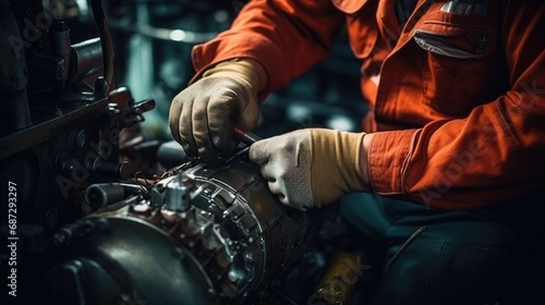 Aircraft Mechanic Overhauling in Cabin with Wrench in Hand 