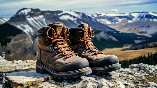 A sturdy pair of brown hiking boots with reinforced soles and ankle support, designed for outdoor enthusiasts embarking on trekking and wilderness exploration.