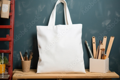 Stylish beige canvas tote bag mockup template on wooden table in art studio. Eco friendly totebag made of natural cotton. Reusable shopper ecobag mock up photo
