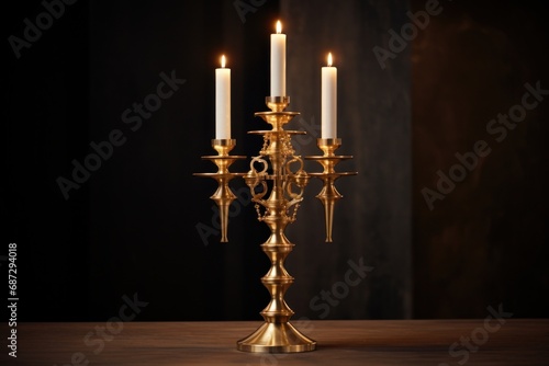 Golden candelabra with three candles on dark wooden table. The candelabra has an elegant and antique design, and the candles have warm and romantic glow, sense of luxury and style. 