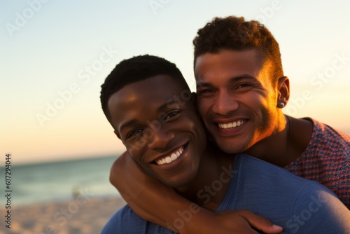 Homosexual gay couple embracing on beach at sunset. Men hugging each other with tender. The couple at honeymoon in vacation near the ocean. LGBT concept