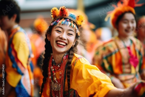 Woman in traditional costume dancing and laughing. Cultural exchange festival where people from different backgrounds celebrating dancing, sharing food. People celebrate their culture in street parade