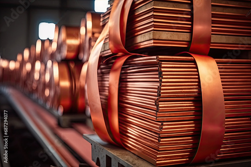 Stacks of cathode copper sheets photo