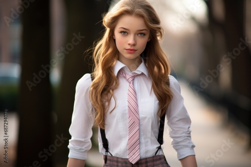 Young woman with long hair wearing white blouse and plaid tie standing or sidewalk with trees in background, suggesting urban or academic setting. Preppy aesthetic