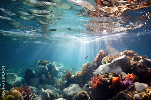 Underwater world, showing beauty, diversity of marine life, sun rays penetrating surface of ocean. Mysterious beauty of underwater and surrounding landscape seen from perspective of someone in water