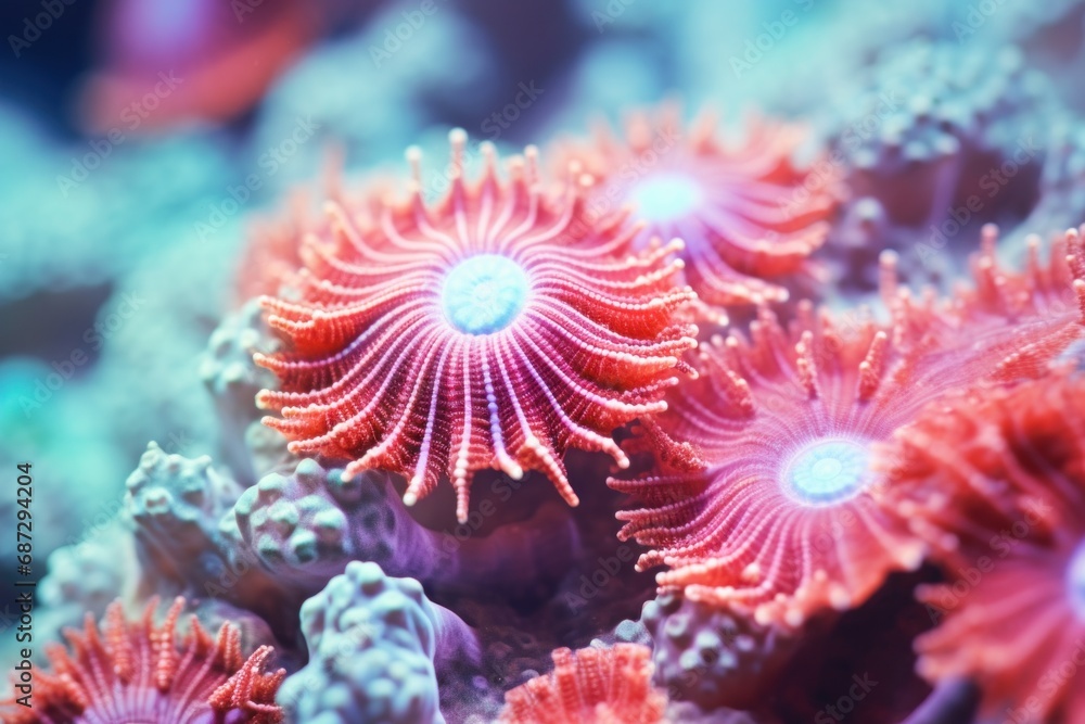 Macro background featuring sea life textures such as coral, shells or algae. Flower sea living coral and reef color under deep dark water of ocean environment underwater