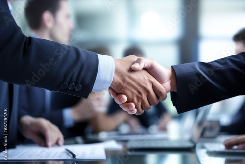 Professional and friendly business handshake between two people wearing formal suits in meeting room. Successful businessmen handshaking after good deal. Agreement, negotiation and contract concept