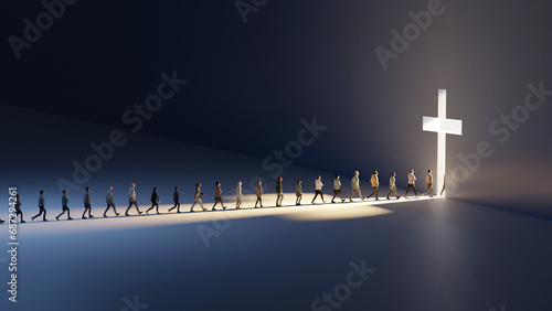 Canvas Print People Walking Towards a Huge Cross Passage - conceptual religious 3d illustrati