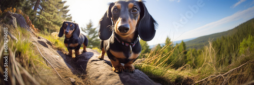 The two dachshunds look curious as they discover the hidden camera in the outdoors. Beautiful panoramic animal portrait with fisheye effect and selective focus, ideal as web banner or in social media photo