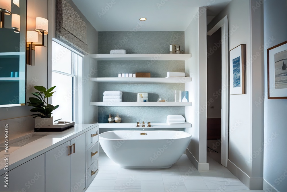 Modern cozy bathroom with a bath, cosmetic shelf, towels, and tiled walls. Mockup for presenting bath and cosmetic products, providing an attractive space for showcasing items. Modern cozy bathroom with a bath, cosmetic shelf, towels, and tiled walls. Mockup for presenting bath and cosmetic products, providing an attractive space for showcasing items.