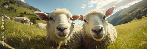 The two sheep look curious as they discover the hidden camera in the outdoors. Beautiful panoramic animal portrait with fisheye effect and selective focus, ideal as web banner or in social media photo
