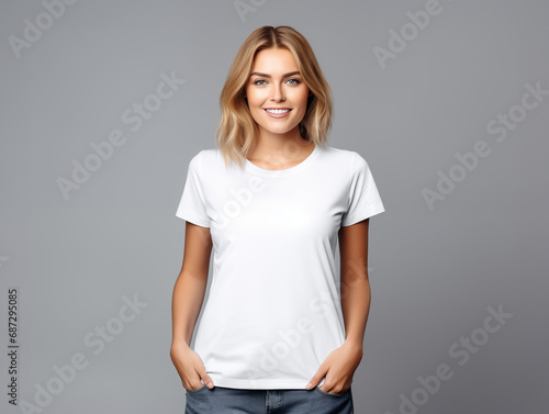 A blonde woman posing for a t-shirt mockup, wearing a blank , clean white shirt