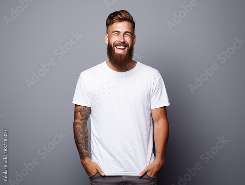 a young male hipster with a beard and tattoos wearing a blank T shirt for use as mockup with blank background