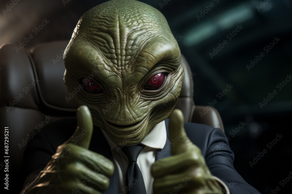 Alien shows thumbs up gesture. Portrait with selective focus and copy space Alien shows thumbs up gesture. Portrait with selective focus and copy space