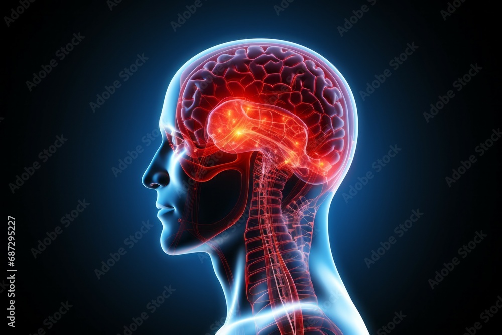 Hologram of the head brain. Background with selective focus and copy space