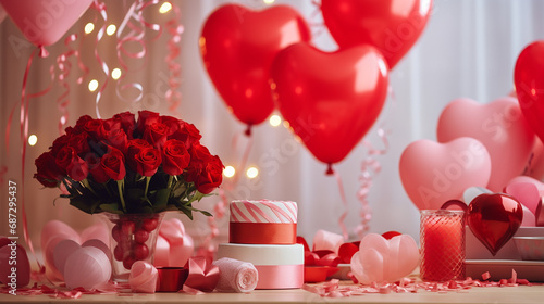 Bouquet of red roses, red balloons and gifts. Amidst a shower of confetti