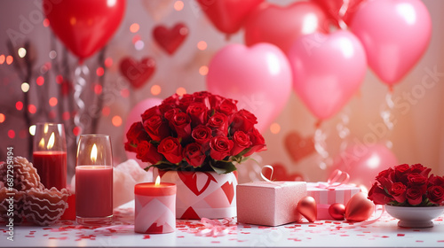 Bouquet of red roses, red balloons and gifts.