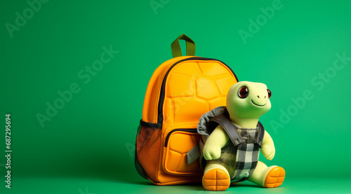 Tiny Toy Turtle with a School Backpack on a Green Surface - Perfect for Back-to-School Promotions, Educational Themes, or Playful Learning Campaigns