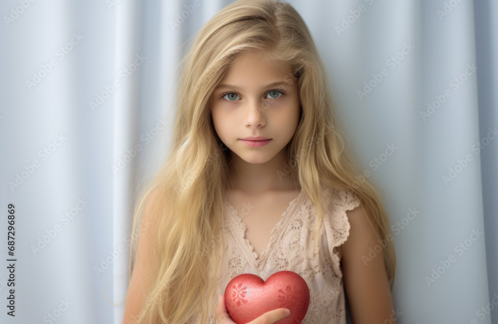 A young girl against a bright backdrop, cradling a vibrant red heart A young girl against a bright backdrop, cradling a vibrant red heart