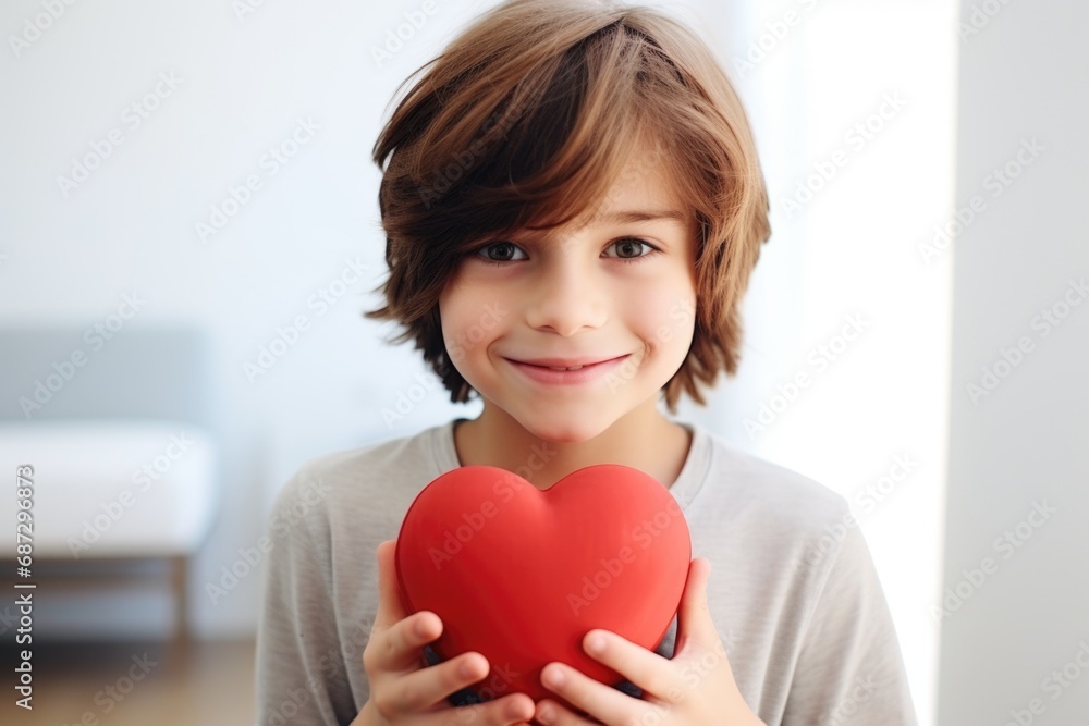 Innocent charm: a boy clutching a bold red heart against a light, luminous backdrop Innocent charm: a boy clutching a bold red heart against a light, luminous backdrop