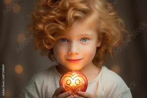 Innocence personified: a kid grasps a bold red heart