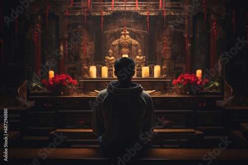 A devout Chinese man engaged in prayer within the serene ambiance of a traditional temple